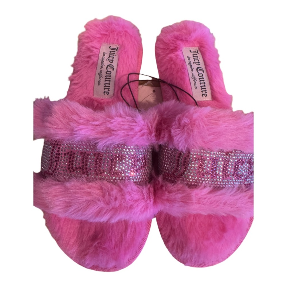 New Juicy Couture Gravity 2 Faux Fur Slippers Hot Pink w/ Rhinestones Size Small